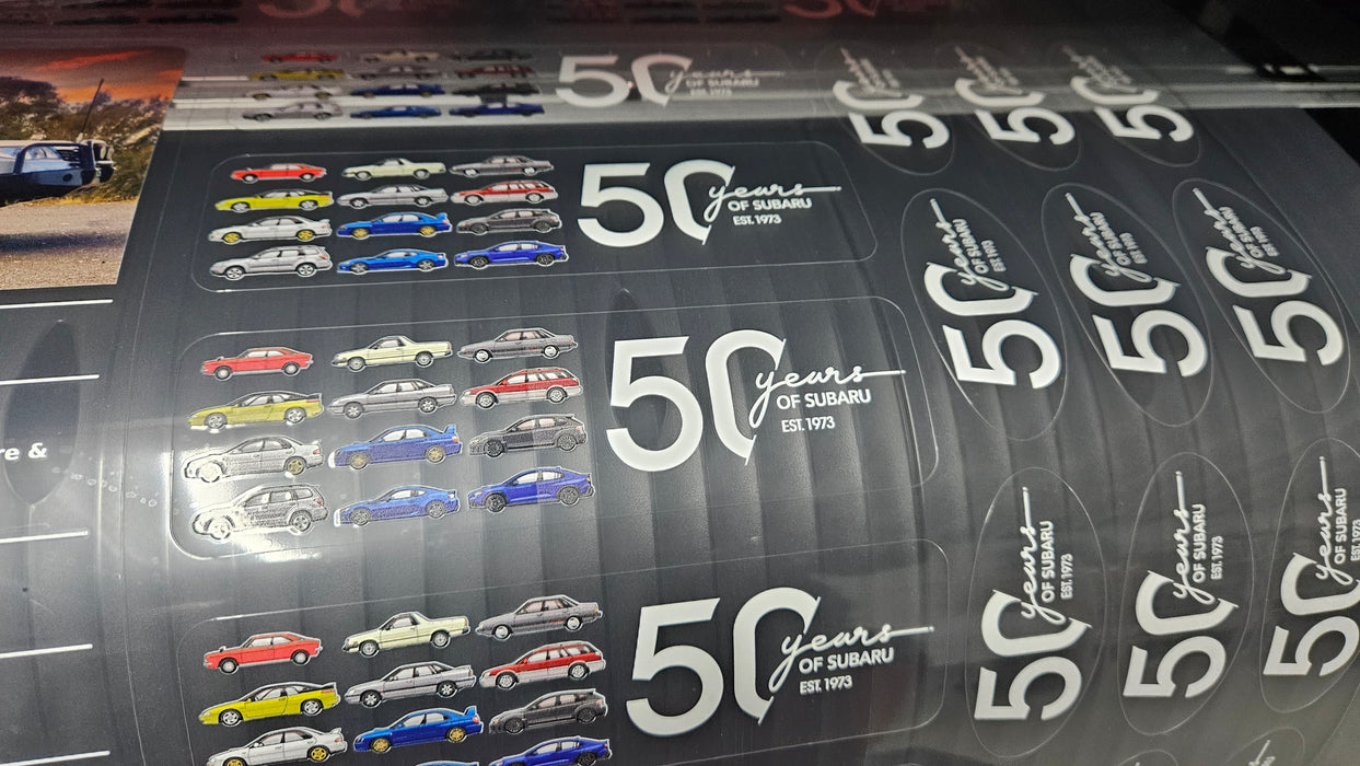 Subaru Australia 50th Anniversary line up sticker, official merchandise. Ultra clear and reverse version.