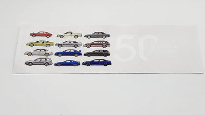 Subaru Australia 50th Anniversary line up sticker, official merchandise. Clear sticker