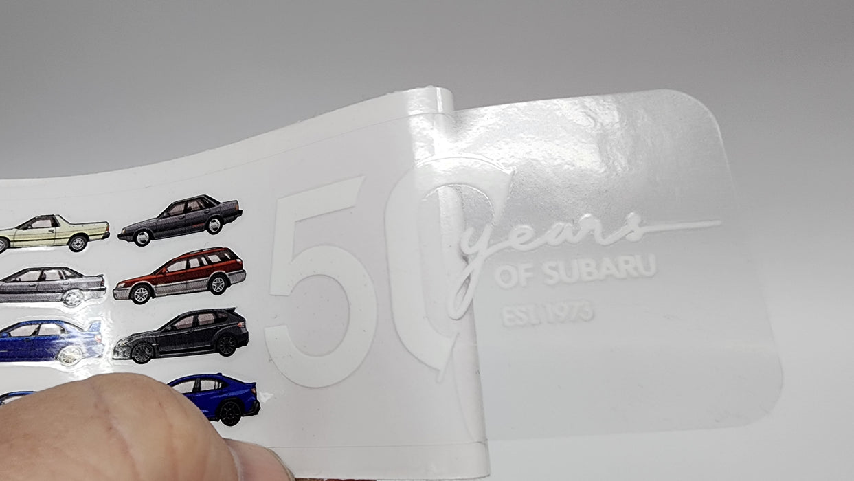 Subaru Australia 50th Anniversary line-up sticker, official merchandise. Logo