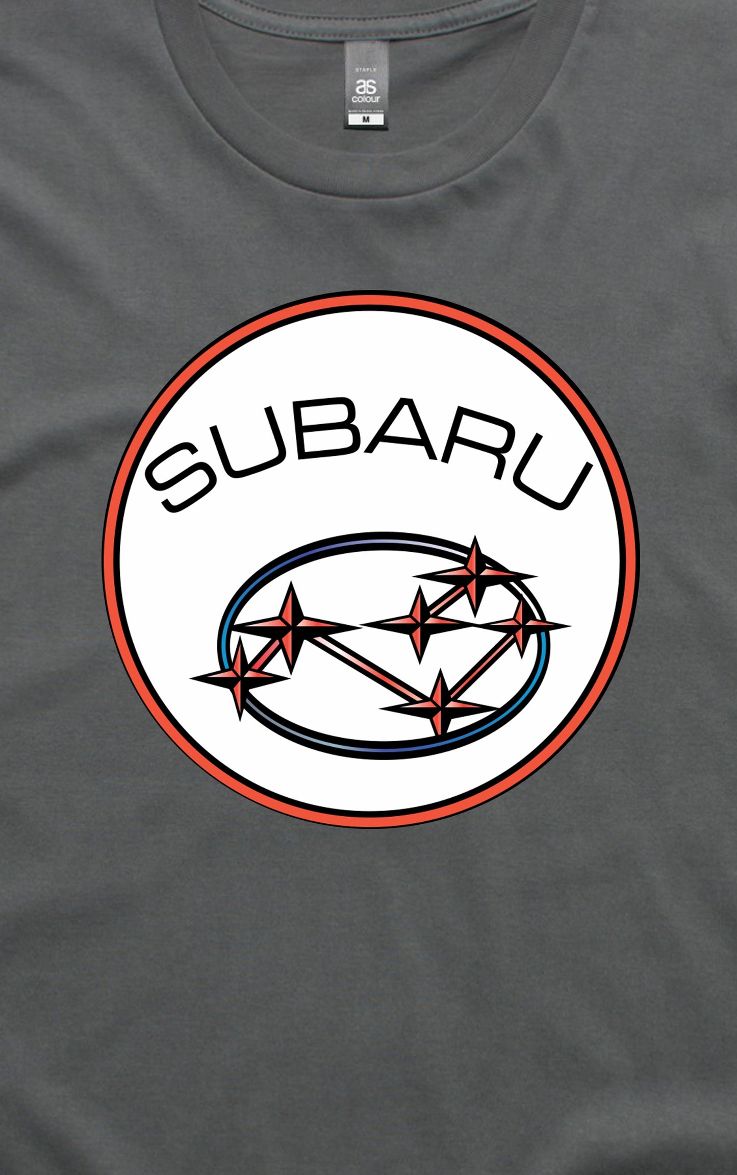 Subaru 70s Retro Stars Logo Shirt Charcoal Close Up