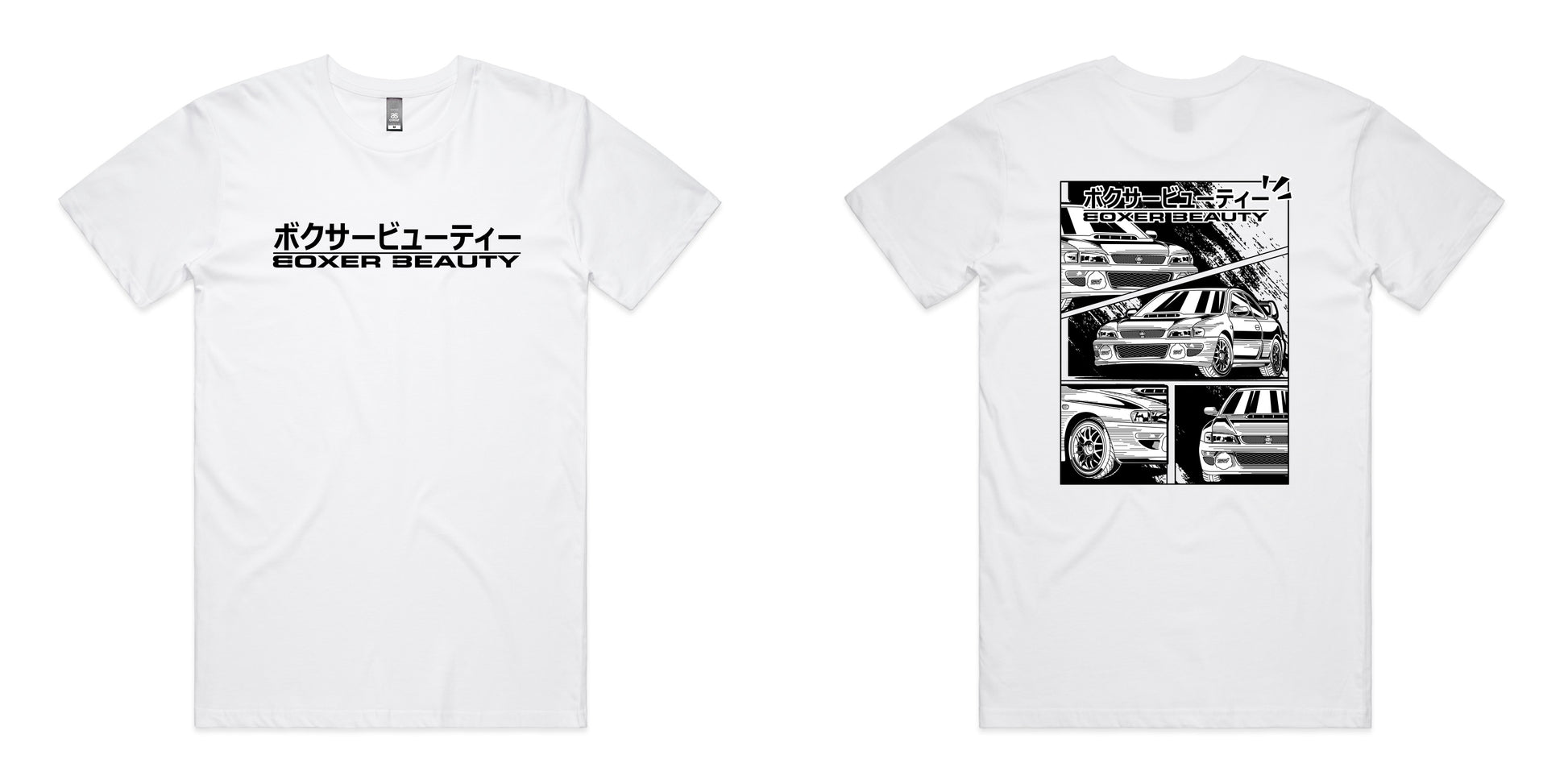 STI 22B WRX Black an White Panel Shirt White Marle Front and Back