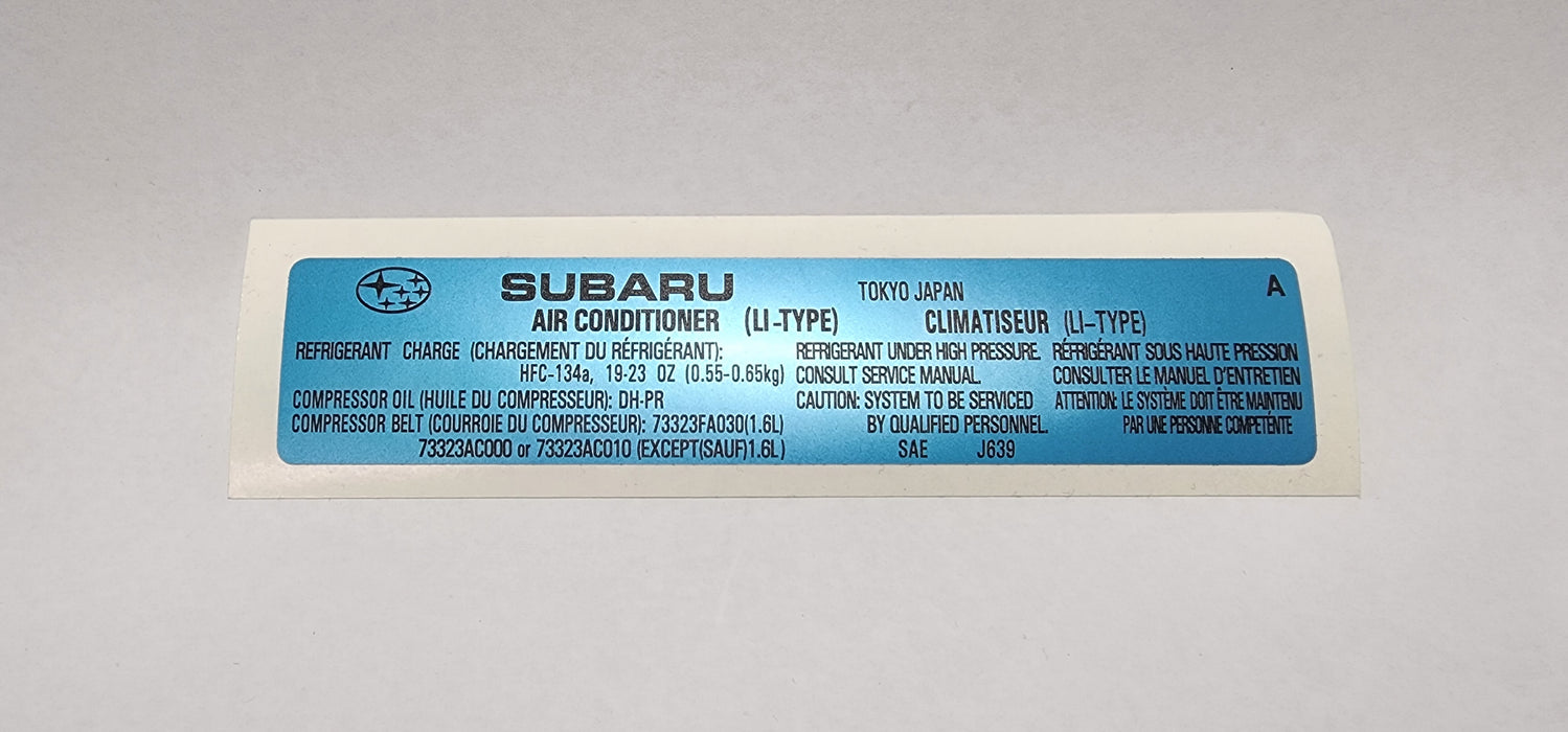 Subaru SAE J 639 A Type Air Conditioning System Specifications sticker