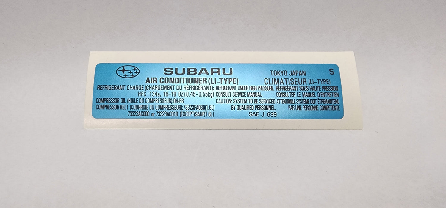 Subaru SAE J 639 S Type Air Conditioning System Specifications sticker