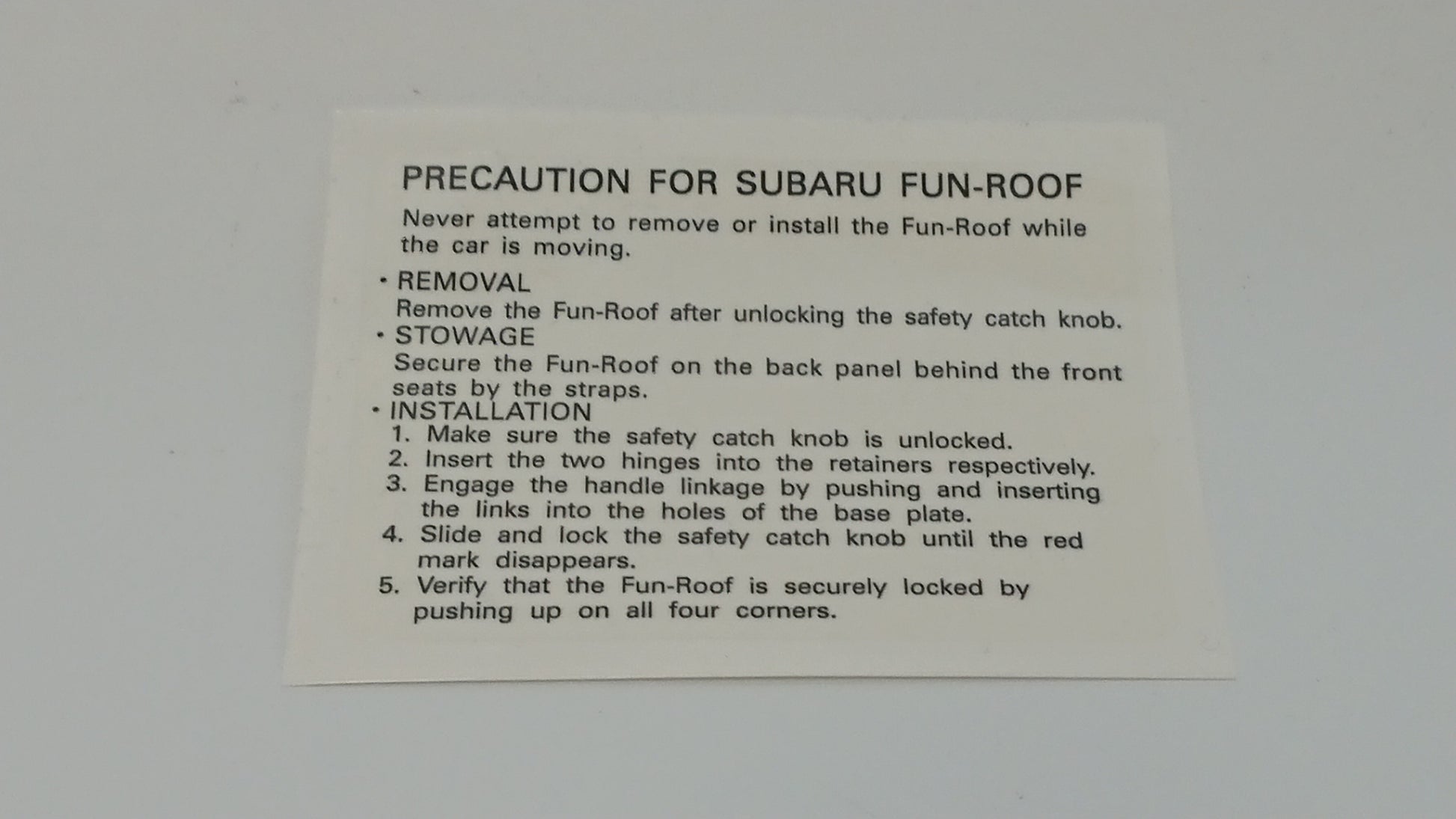 Brat/Brumby/MV Targa - Fun-Roof Removal, Stowage, Warning and Installation Guide