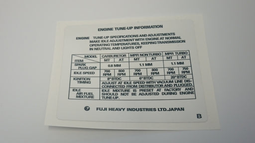 Subaru Leone XT Vortex EA82 Under Bonnet Tune-Up Information Sticker Type B