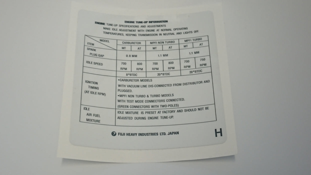 Subaru Leone XT Vortex EA82 Under Bonnet Tune-Up Information Sticker Type H