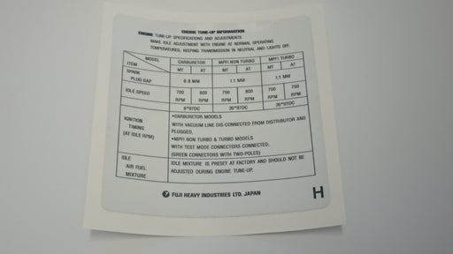 Subaru Leone XT Vortex EA82 Under Bonnet Tune-Up Information Sticker Type H