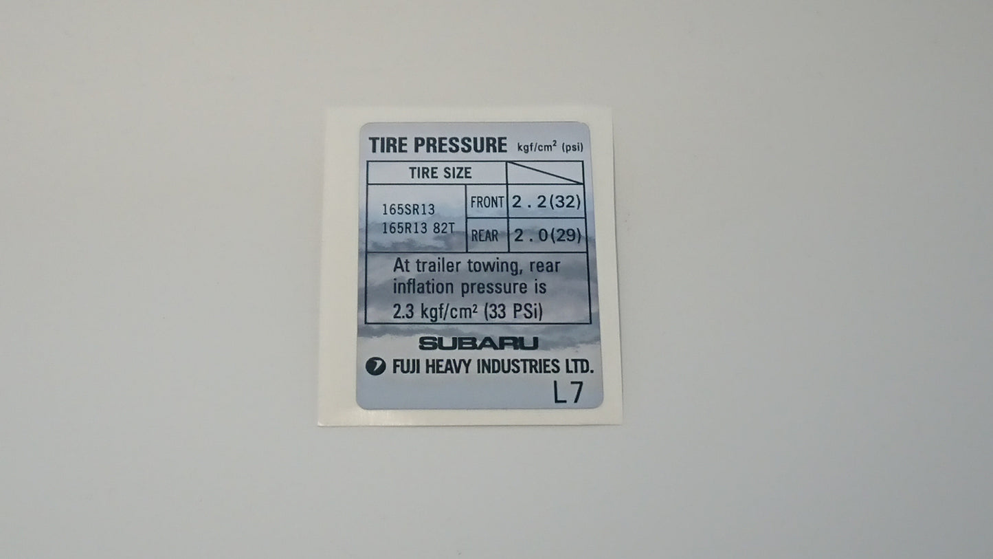 Impreza WRX L7 Tyre Placard